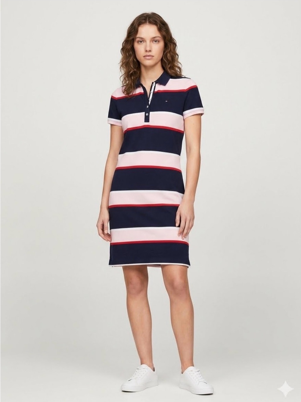 Tommy Hilfiger Polo Dress Striped Short Sleeve Pink Navy Blue Red Sporty Size M